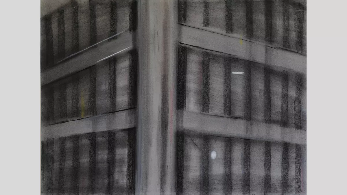 A hazy artwork of the corner of a multistory office building that is grey