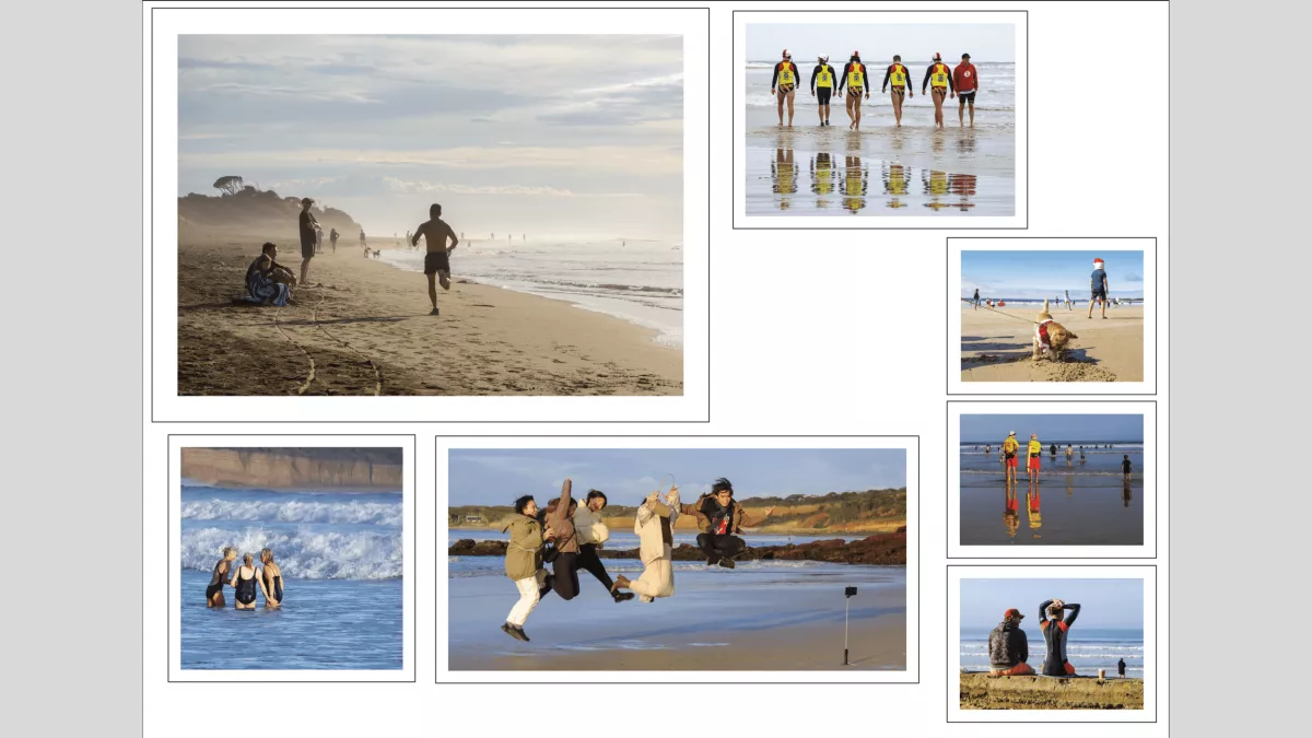 Lifesavers, dogs, kids in parkas and other people at a beach