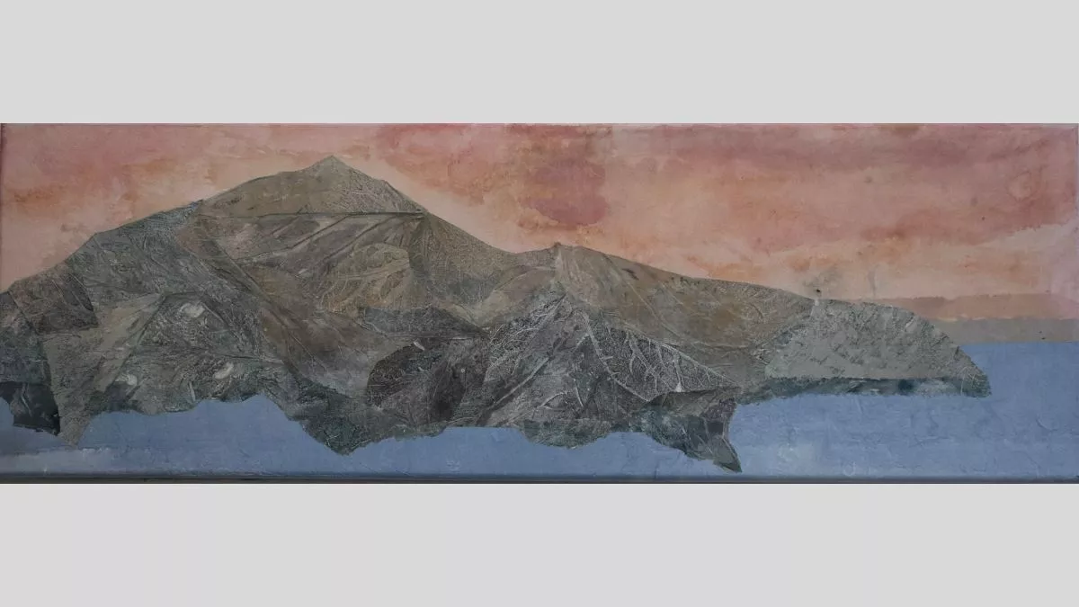 Art print of a mountainous landscape made up of leaves