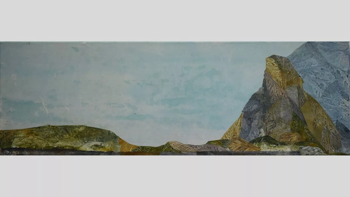 Etching of a gold and blue landscape with an expanse of turquoise sky