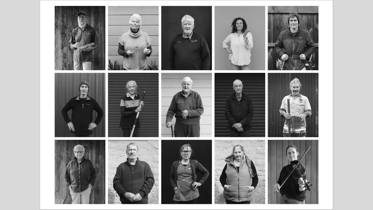 Portraits of men and women standing in front of walls, garage doors and houses