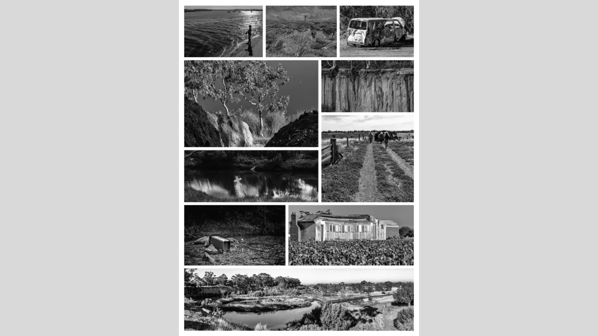 arty, black and white photos of cliffs, bush, a child by the water, dirt trails and an old van