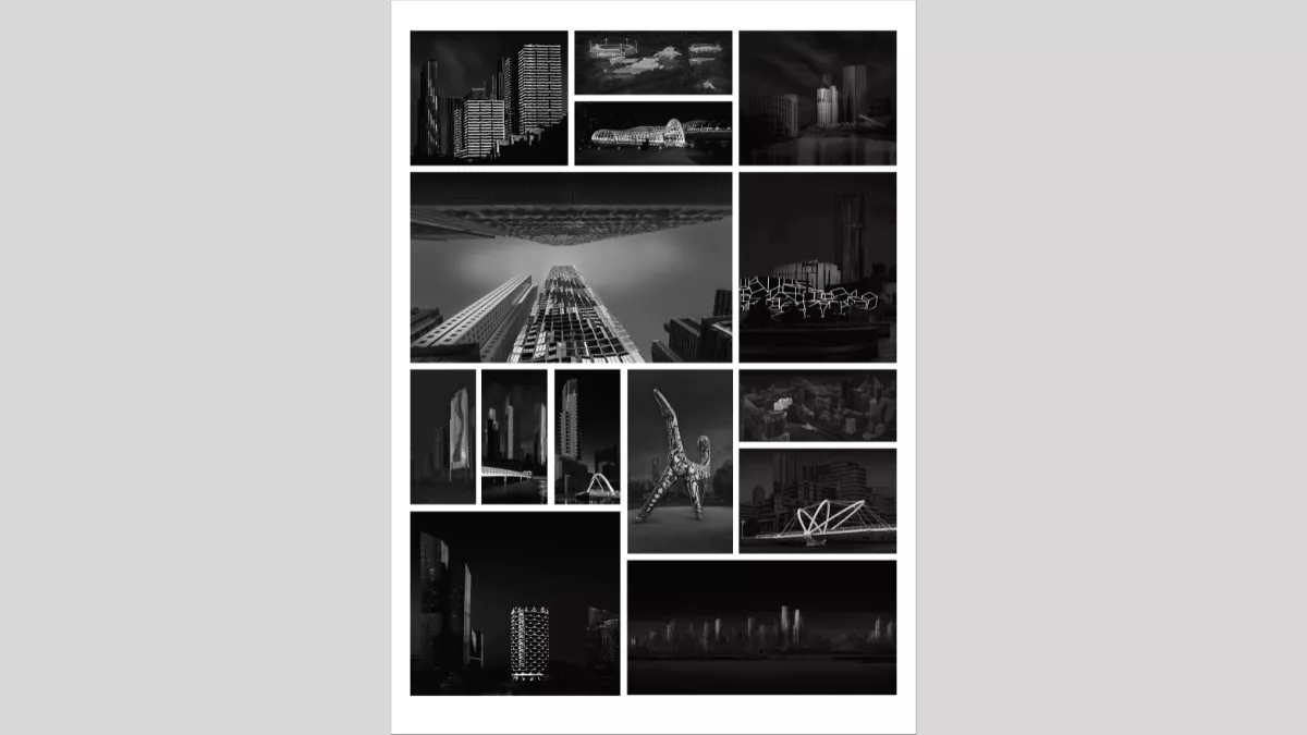 Black and white, high-contrast portraits of urban buildings and sculptures