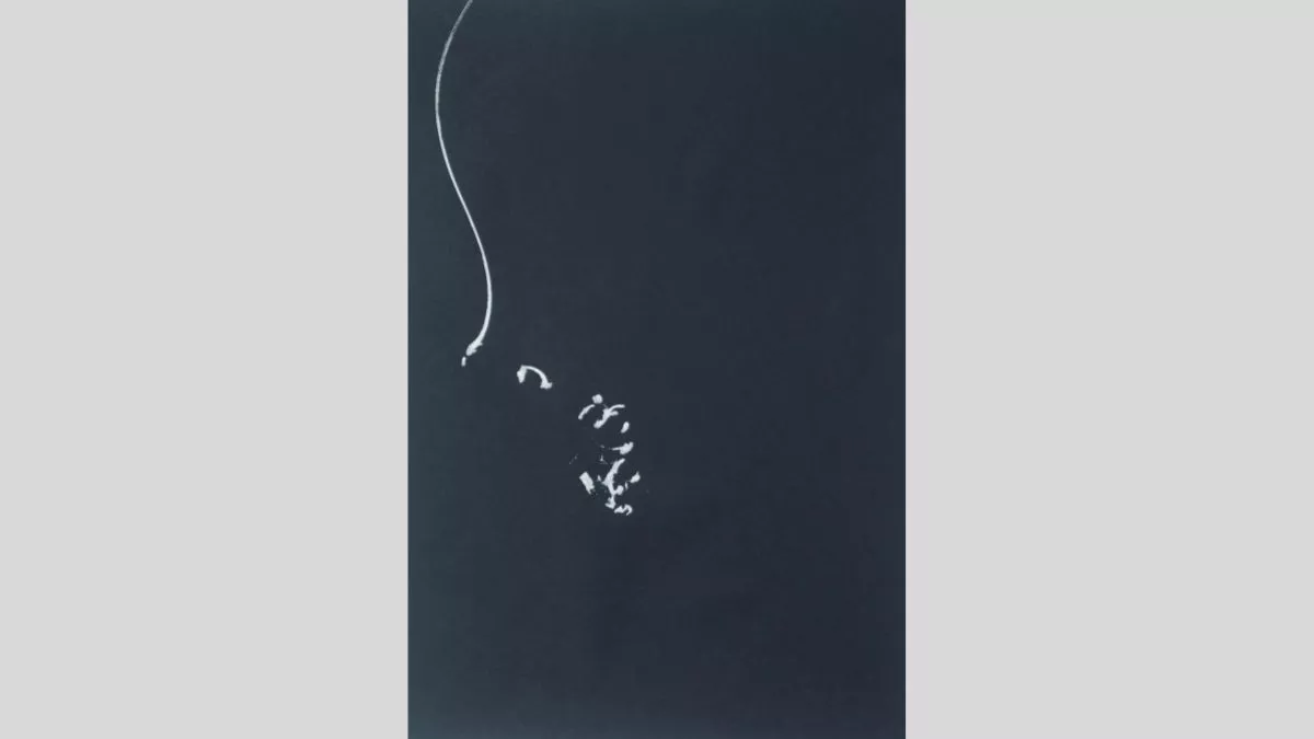 An artowrk on a dark canvas, with a single white stroke running down the page to halfway that stops, followed by some small white marks that fall apart down the canvas