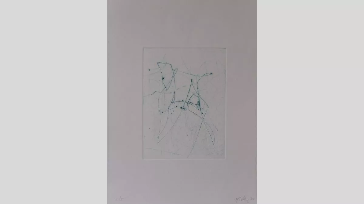 An artwork showing blue thin eratic penstrokes at the centre of a white canvas with a thick white border around