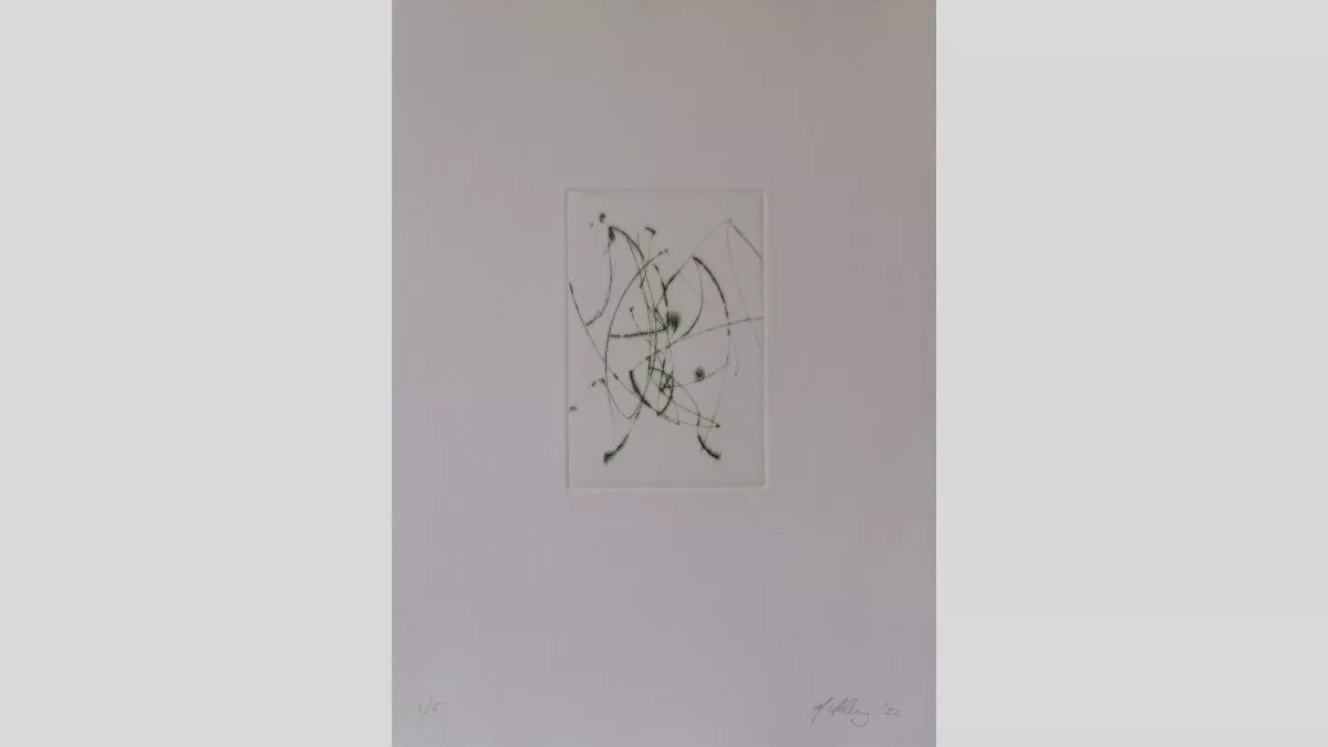 An artwork showing dark green thin eratic penstrokes at the centre of a white canvas with a thick white border around