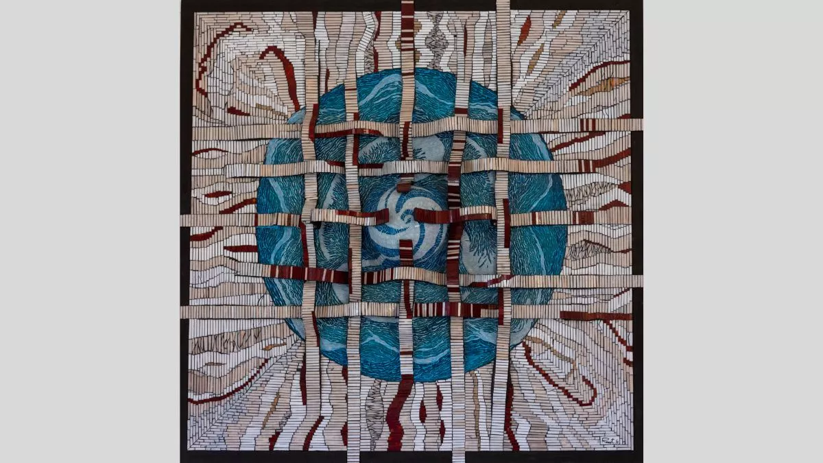 An artwork witha central swirling blue circle with wave-like patterns inside, and over the top layered paths that thatch together ad cross over each other while also appearing to curve and emerge from the canvas