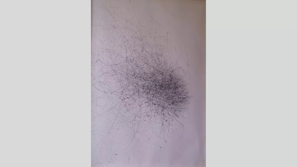 An artwork showing thin dark eratic penstrokes on a white canvas, increasing toward a single central area