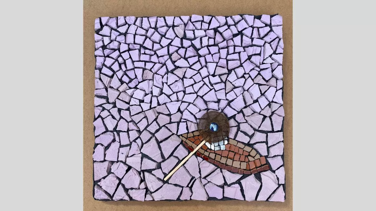 An artwork featuring a mosaic of light violet tiles arranged to look like water with a small brown boat made of tiles on the surface