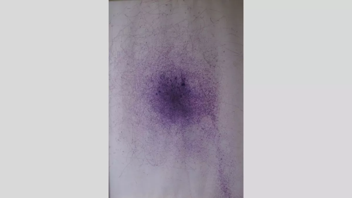 An artwork showing thin and blotted purple ink in eratic penstrokes and small dots on a white canvas, increasing toward a single central area