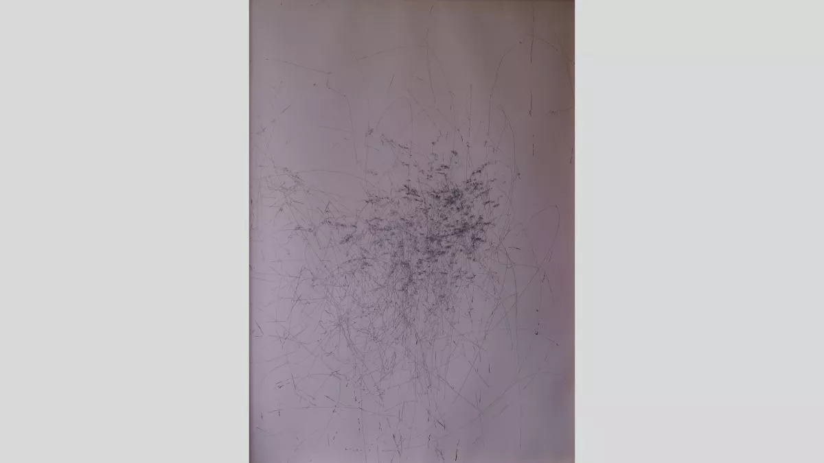 An artwork showing thin dark eratic penstrokes on a white canvas, increasing toward a single central area