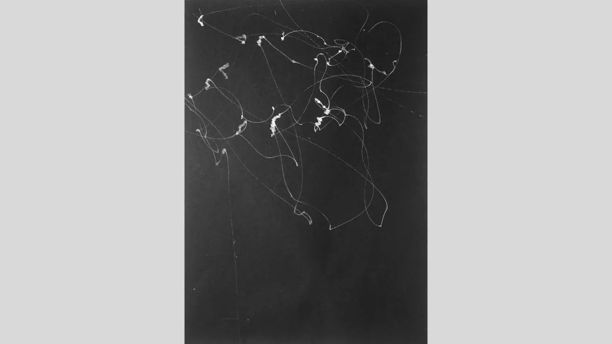 An artwork showing thin white eratic penstrokes on a black canvas, that thicken in some areas with dinstance in between the stokes