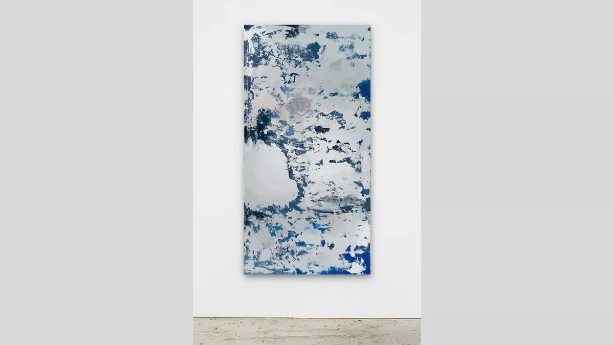 Large blue and silver abstract vinyl, plywood and acrylic painting.