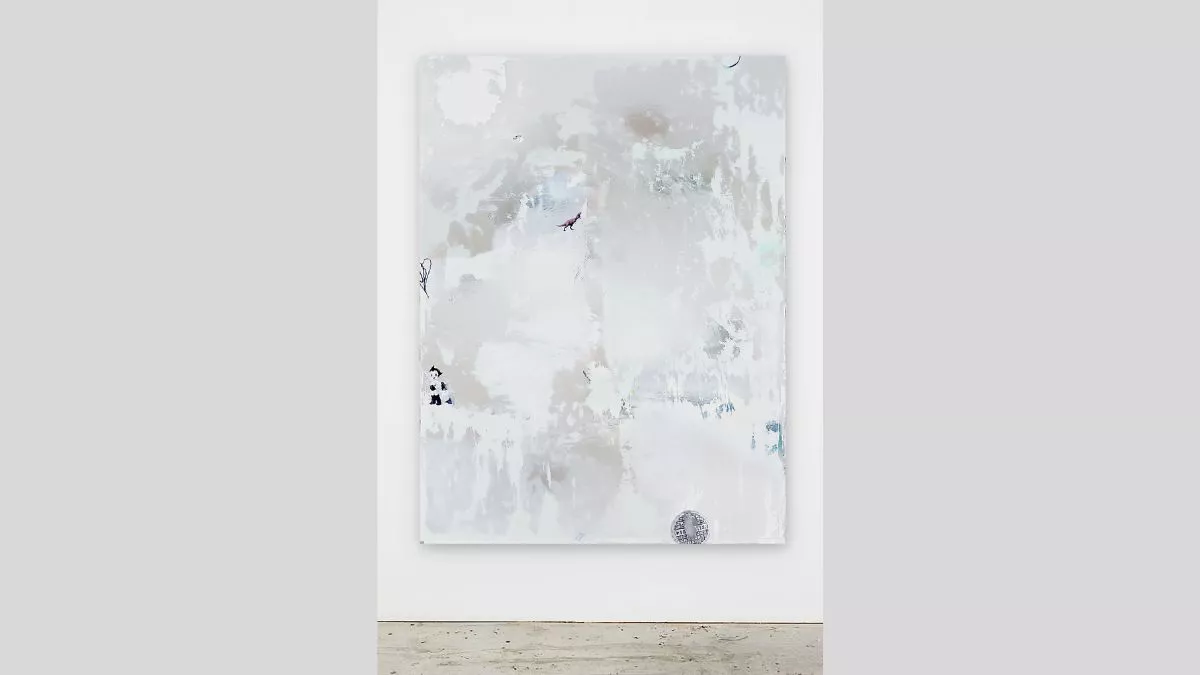 Large grey and white abstract vinyl, plywood and acrylic painting with dinosaur and Astro Boy decals.