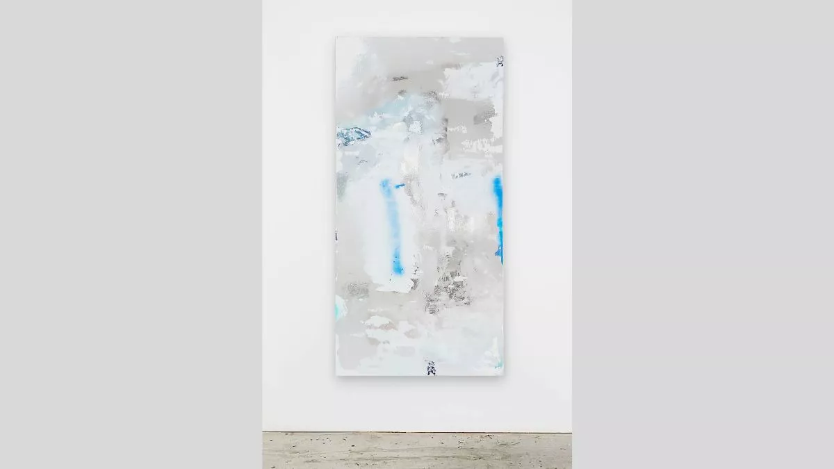 Large grey and blue abstract vinyl, plywood, and acrylic painting