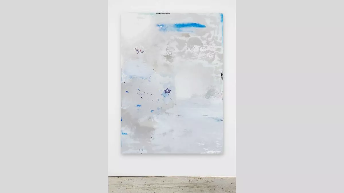 Large grey and blue abstract vinyl, plywood and acrylic painting with unidentifiable decals.
