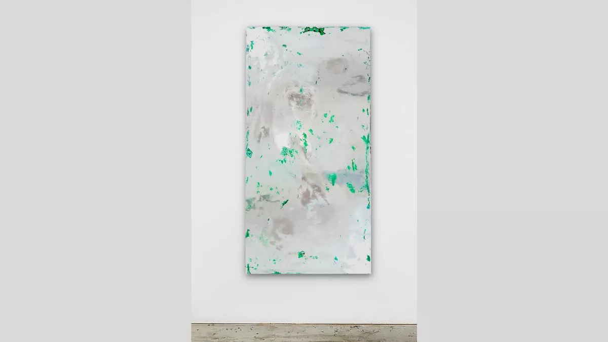 Large grey and green abstract vinyl, plywood and acrylic painting.