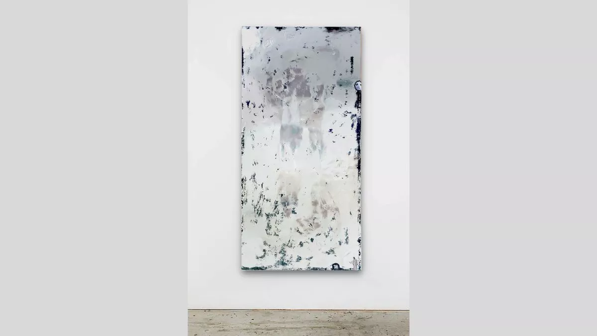 Large black, white and grey abstract vinyl, plywood and acrylic painting.