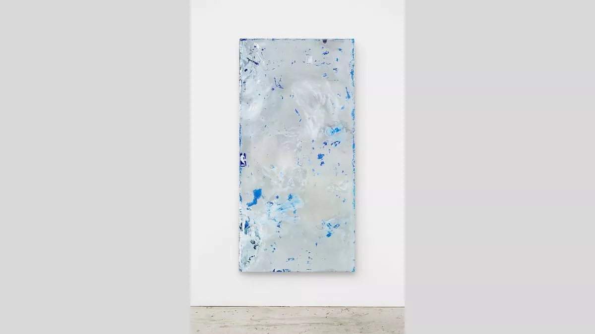 Large blue and silver abstract vinyl, plywood and acrylic painting.