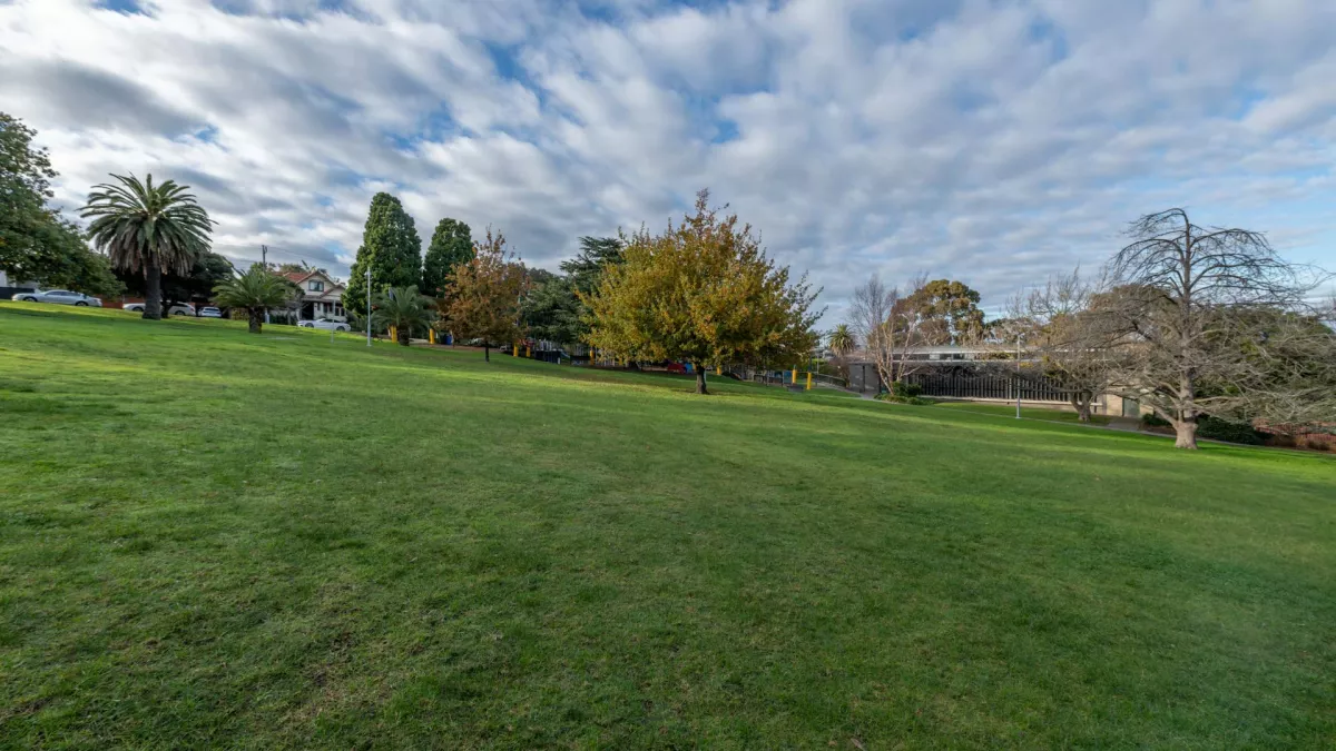 Large sloped grass area with several scattered mature trees in the distance. There are parked cars and houses are to the left and a small building to the right.