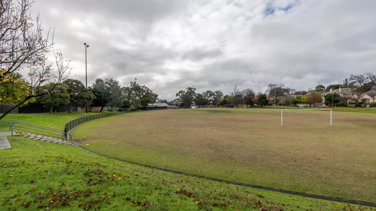 Oval-shaped field with soccer goals, surrounded by a black fence and grass hill with steps. There are trees and houses are in the distance and a right-hand section of the field is not shown.