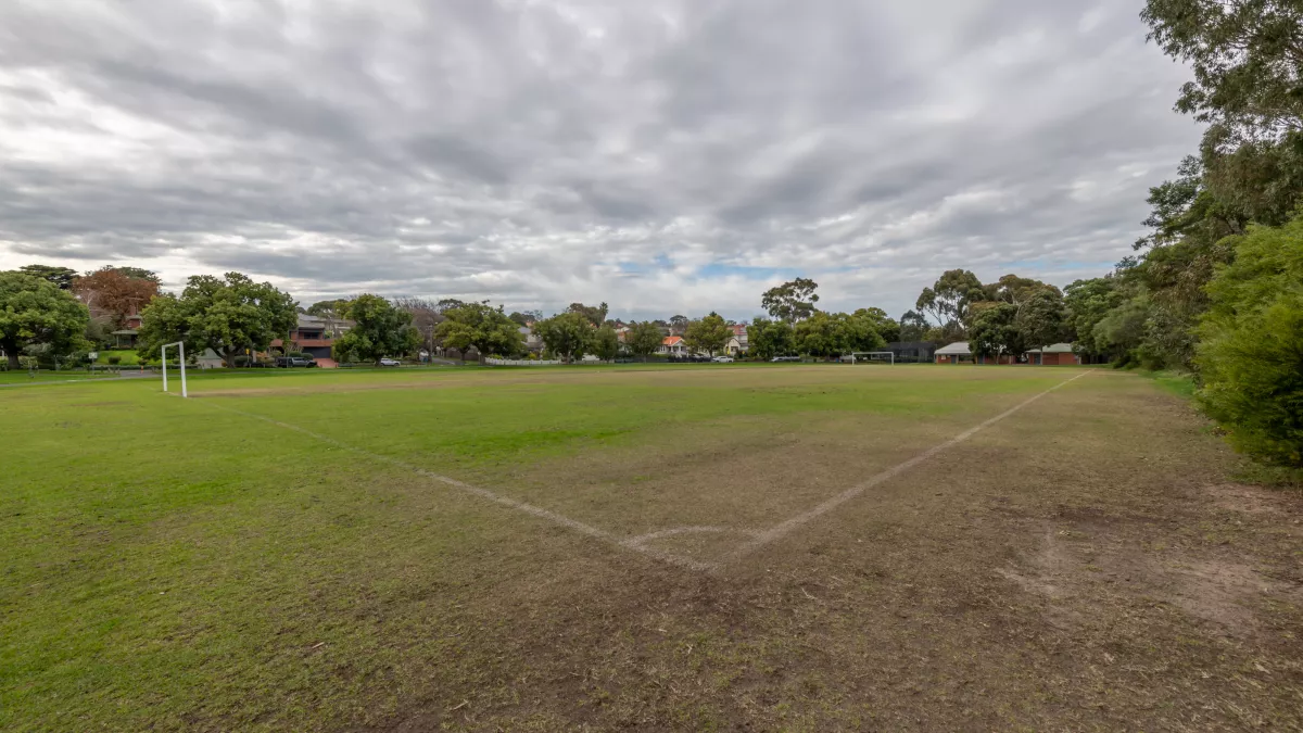 Corner view of soccer pitch under grey sky with goals at each end and medium trees on the horizon. There is a large bare dirt patch in the foreground.