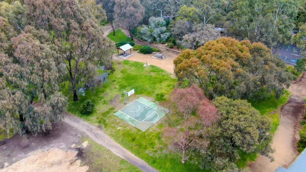 Aerial view of small grass area with basketball half-court and covered seating area. There are several large trees to the left and right and a thick layer of trees at the top.