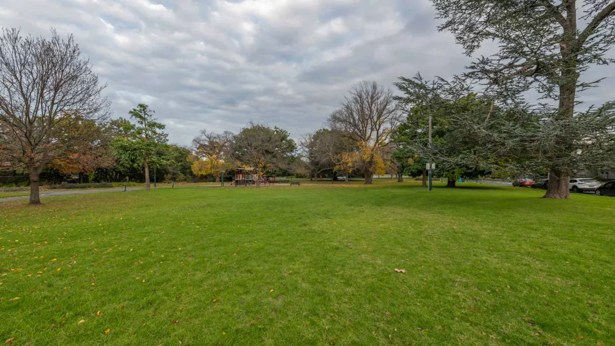 Large grass area with scattered partly bare trees around its edge. There is a playground in the distance and cars on the far right.