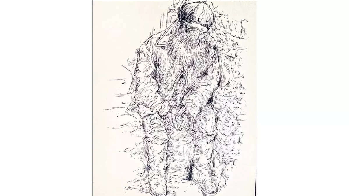 Black and white sketch of a man sitting down, his hands folded in his lap. Has a large beard and is wearing a cap that covers most of his face. The background is also partially drawn, revealing part of the brick wall the man is leaning up against.