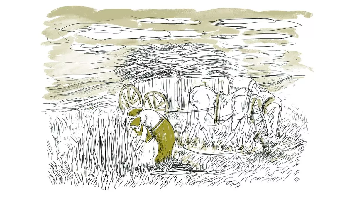 Digital illustration of a girl and women bent over in a field tending to some long grass. A cart pulled by two horses is behind them. The horses are bent over, eating grass and the cart is filled with a huge stack of cut grass. The sketch is mostly black and white but details including the woman’s skirt, the girl’s vest, their hats, the sky and the bridles of the horses are coloured in a dark yellow brown.