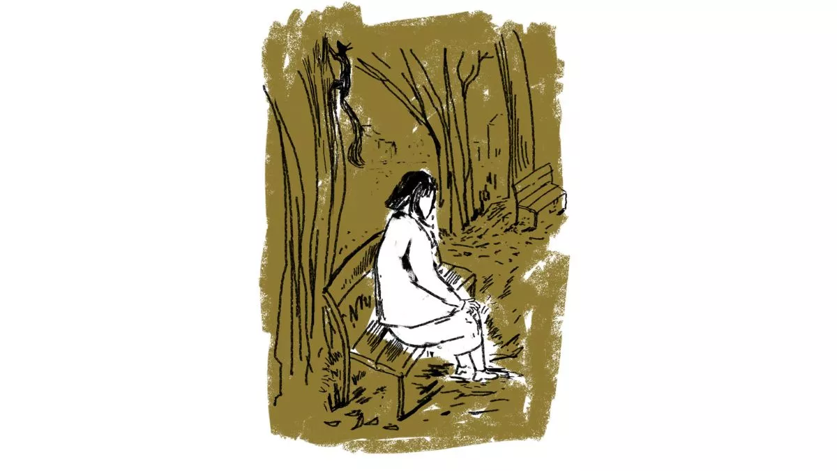 Digital illustration of a girl sitting on a bench, turned away from view so that only her back is revealed to the viewer. She has shoulder length, black hair and is wearing a large coat, skirt and shoes. There is a second bench in the background and trees behind both benches. The figure isn’t coloured in, but the background is fill in with a dark yellow brown.
