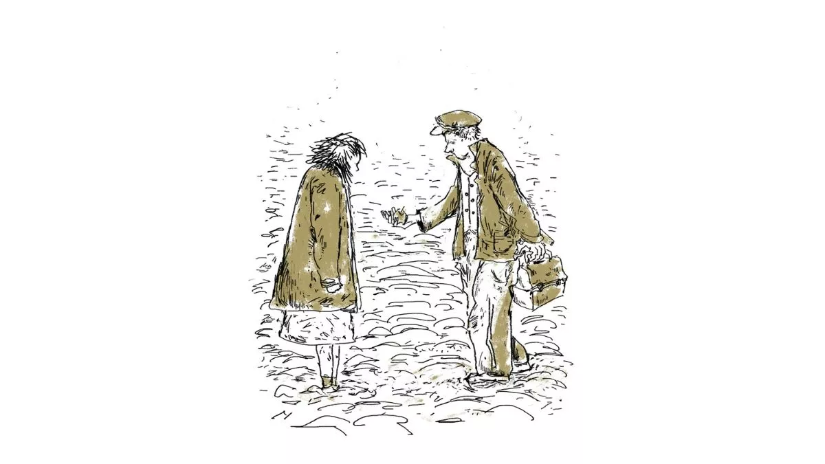 Digital illustration of a man holding an apple out to a young teenage girl. The Girl’s hair is black, shoulder length and messy and she’s wearing an oversized coat, skirt and her feet are ankle deep in snow. The man is wearing a shirt, oversized coat, pants, hat and is holding a toolbox. The sketch is mostly black and white but details including the coats, pants, hat, apple and toolbox are coloured in a dark yellow brown.