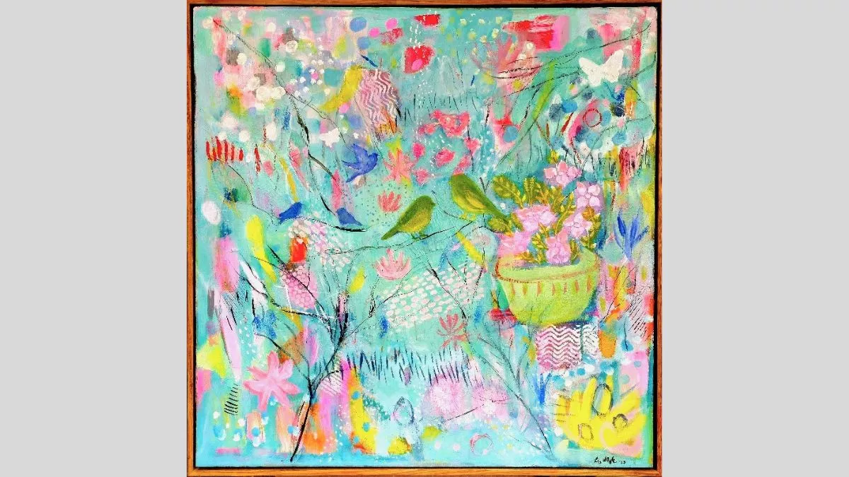 Colourful, somewhat abstracted painting featuring blue and pink paint predominately. Small images of butterflies, flowers, potted plants, branches, and a few small birds appear when you look closer.