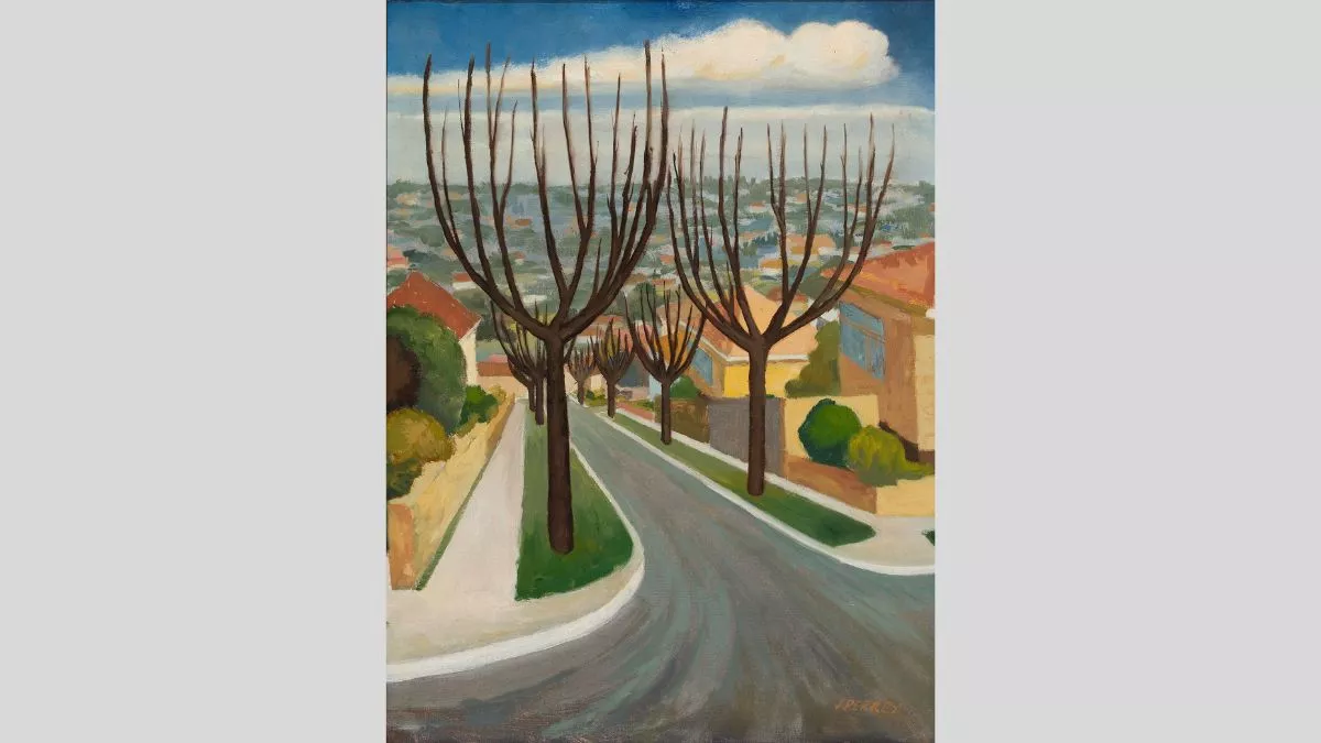 An oil painting of brown trees, without leaves, that line either side of a suburban street. The street travels downhill, and in the distance, another hill rises, dotted with houses and trees. Overhead, a blue sky with long clouds.