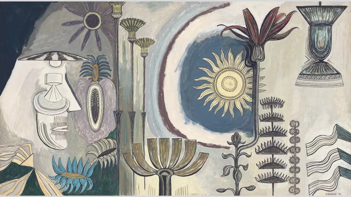 An abstract artwork comprised of floral and plant-like shapes and motifs, coloured with faded blues, purples, greens, yellows, greys and whites. To the left of the artwork, the profile of a face, comprised of a series of light fittings. 