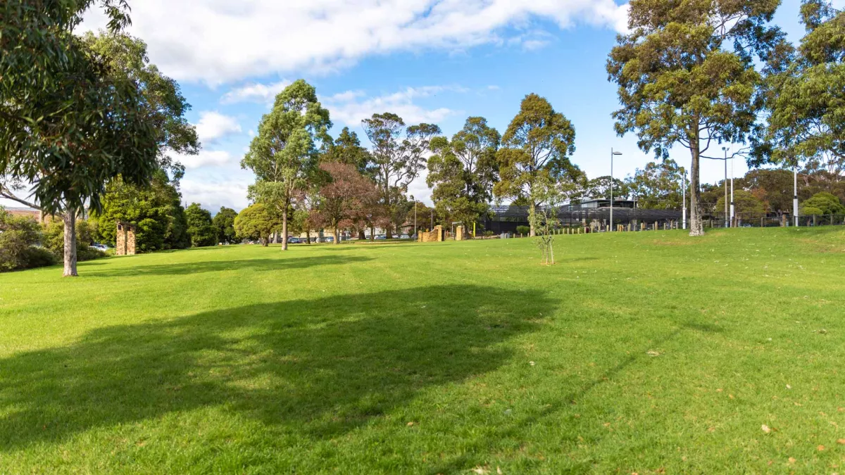 Large area of short grass with tall trees in the distance. There are shadows and a post in the foreground.
