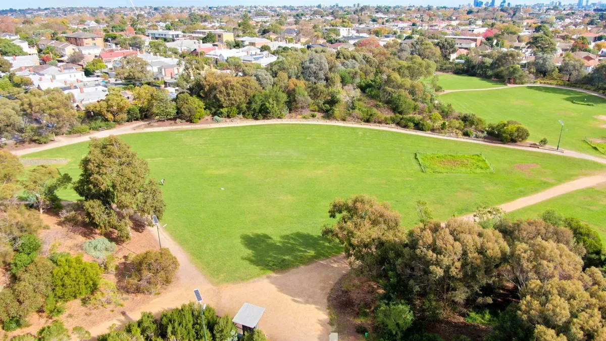 Aerial view of long, thin grass area with a straight walking path to the left, and a surrounding layer of trees and path in a U-shape.