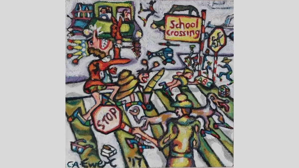 A school crossing supervisor wearing green stands in the foreground holding a stop sign. They have their back to the viewer. In front of them a woman with a crown, children, a dog and a helicopter cross the road. Painted in a cartoon style with thick black outlines.