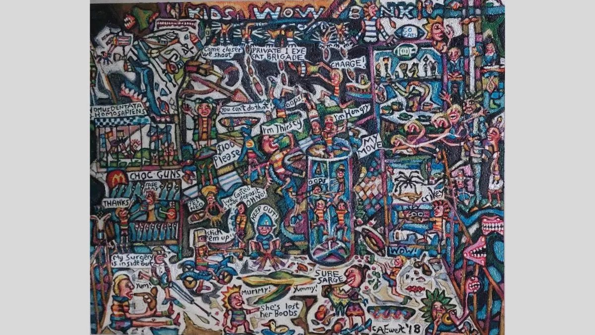 A busy scene from top to bottom featuring children playing and several phrases including ‘I’m hungry’, ‘Keep out!’, ‘Stick ‘em up!’, ‘Sure Sarge’, ‘$100 please’. Painted in a cartoon style with thick black outlines.