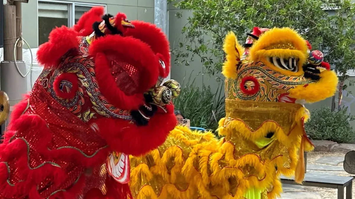 2 chinese lions dancing