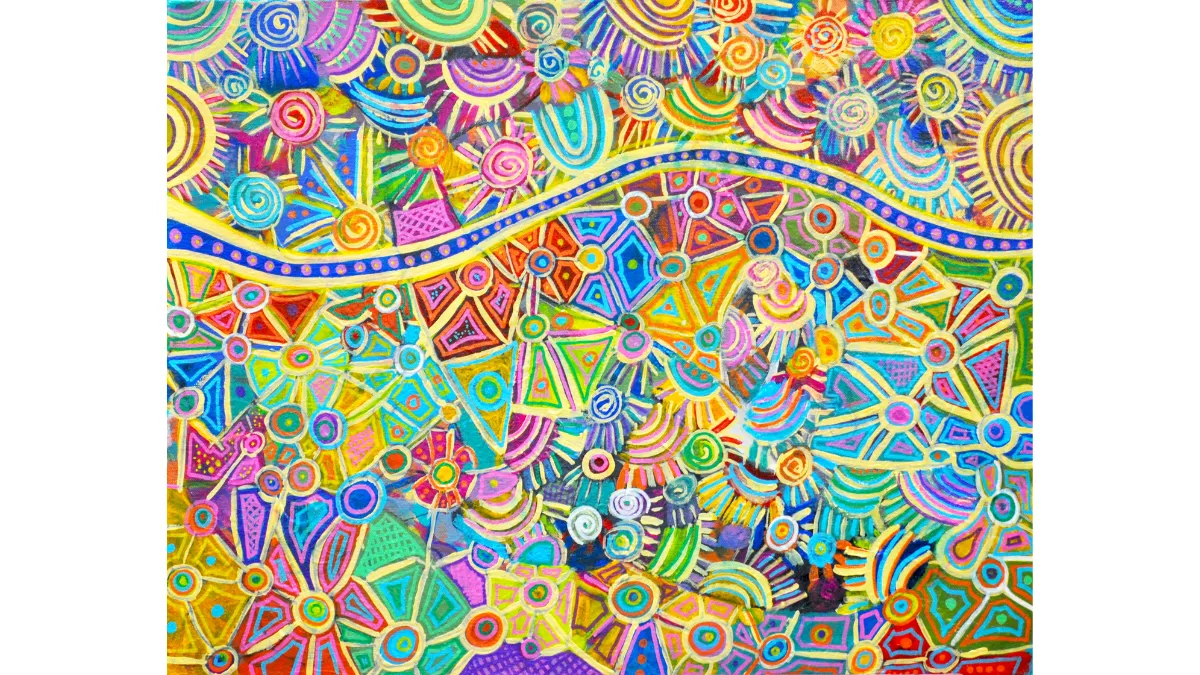 A wavy blue line travels across the image. either side of the line, the image is filled with colourful circles, triangles and lines.