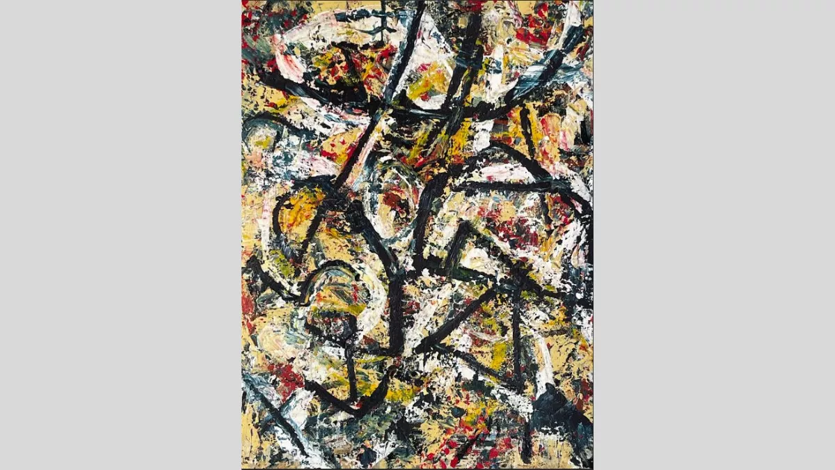 Abstract painting featuring primarily yellow, dark blue, teal and black paint. The colours are mottled, with the black paint at the forefront creating triangles and other abstract or geometric shapes. 