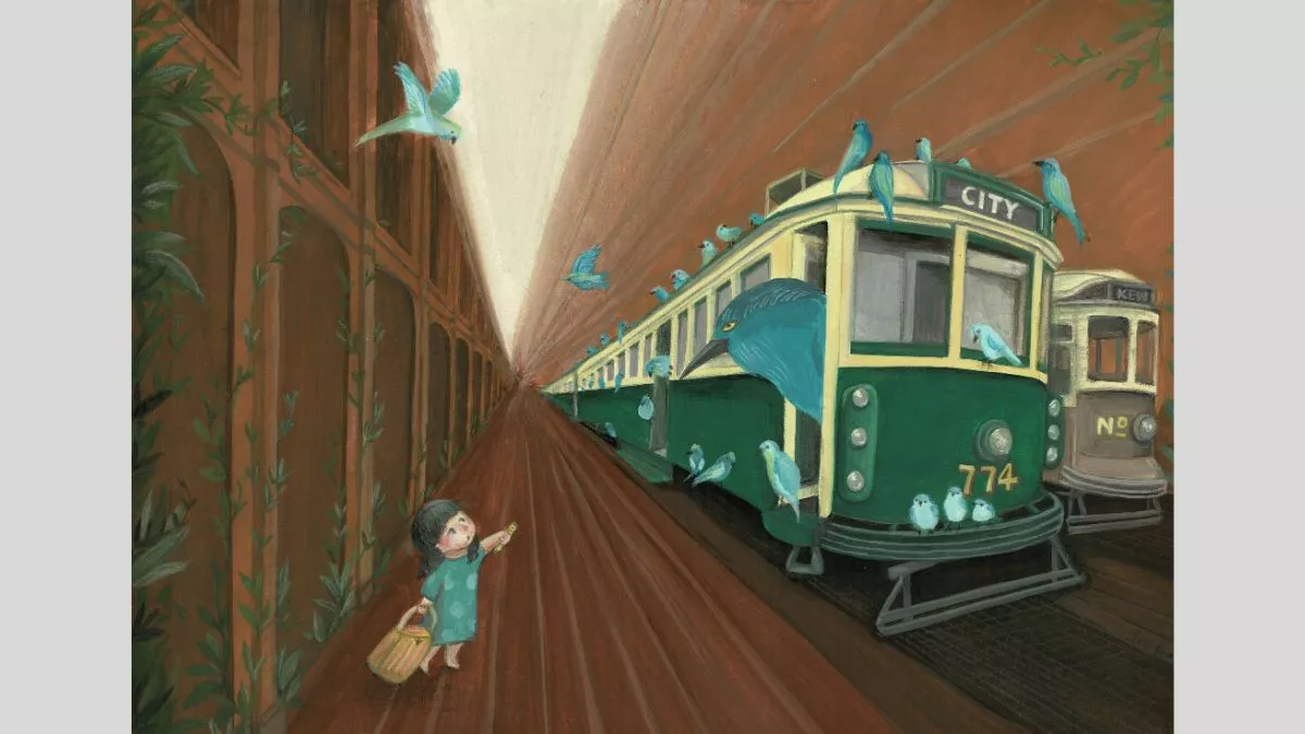 a watercolour painting of a tram. It appears as though blue birds are the passengers and a young girl is hailing the tram.