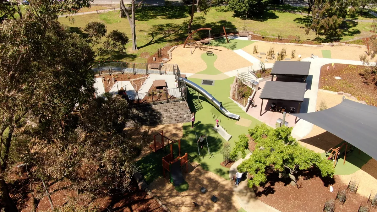 birds eye view of a playground with trees and picnic shelters