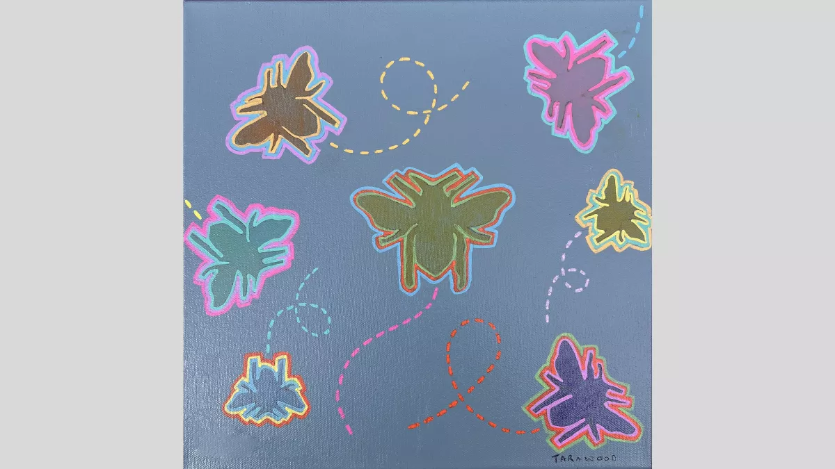 Painting of the outline of 7 bees. Each is a different colour with dotted trails.