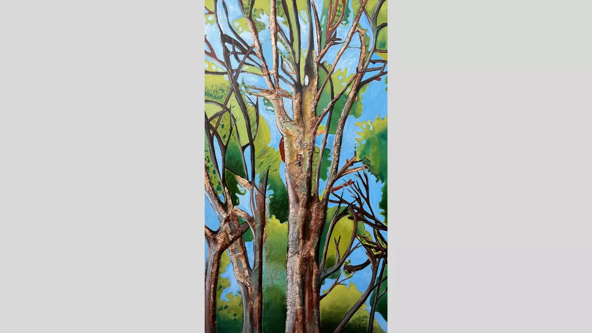 Painting of tall trees with blue sky peaking between the branches.