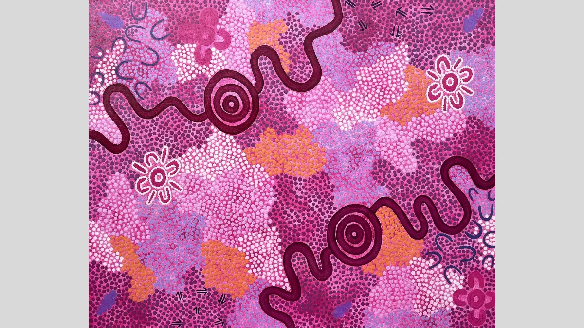 Dot painting featuring various shades of purple, pink, and blue. Some floral shapes are scattered throughout the painting, and two large squiggles with circles in the centre diagonally cross the top left and bottom right corners.