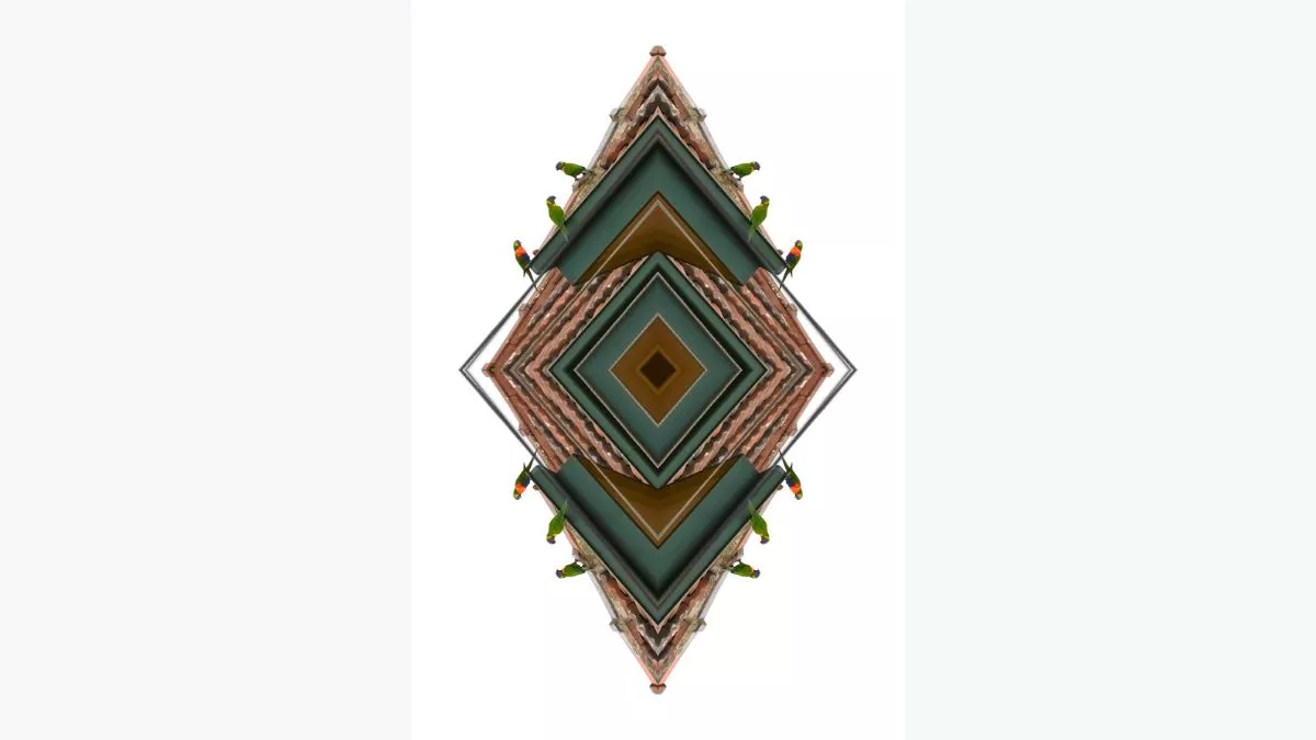 Diamond shape made from a digitally edited image of a green and brown rooftop. The Layering of the image produces a kaleidoscope affect. On top of the rooftop are three rainbow lorikeets, the digital repetition in the image causes the same three lorikeets to appear four times, on each side of the diamond.