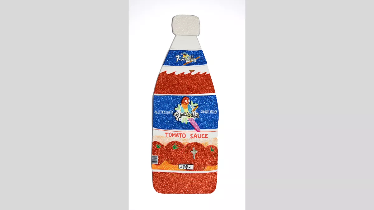 Glitter and markers on paper foam board artwork of a Rosella tomato sauce bottle