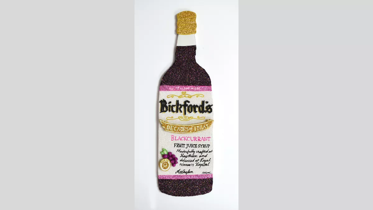 Glitter and markers on Paper presentation board artwork of a Bickford's Blackcurrent flavoured juice syrup bottle